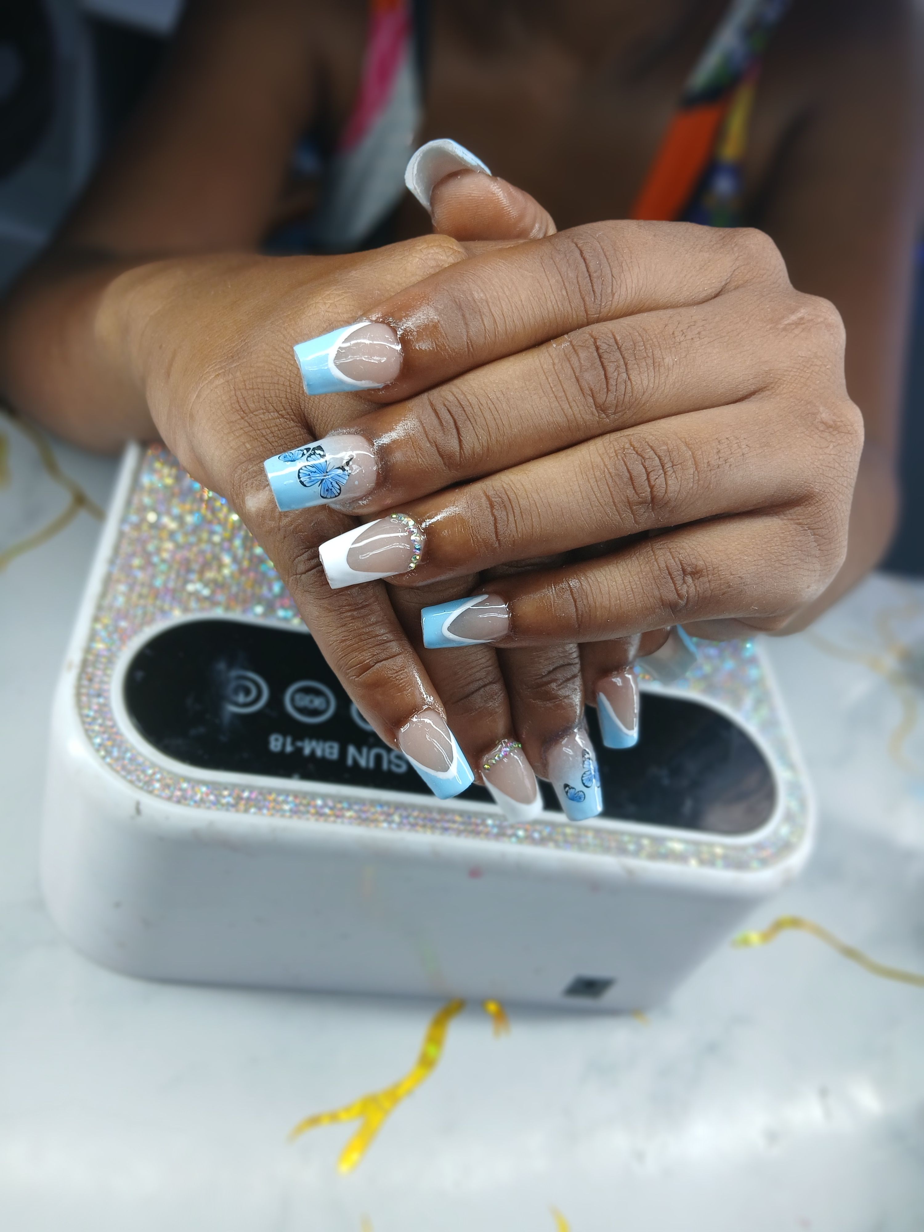 Blue motion acrylic short nails 